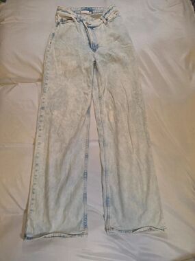 Cross-Front Asymmetric Wide Leg Acid Wash Denim Jeans – Size 1